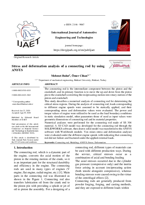 (PDF) Stress and deformation analysis of a connecting rod by using ANSYS