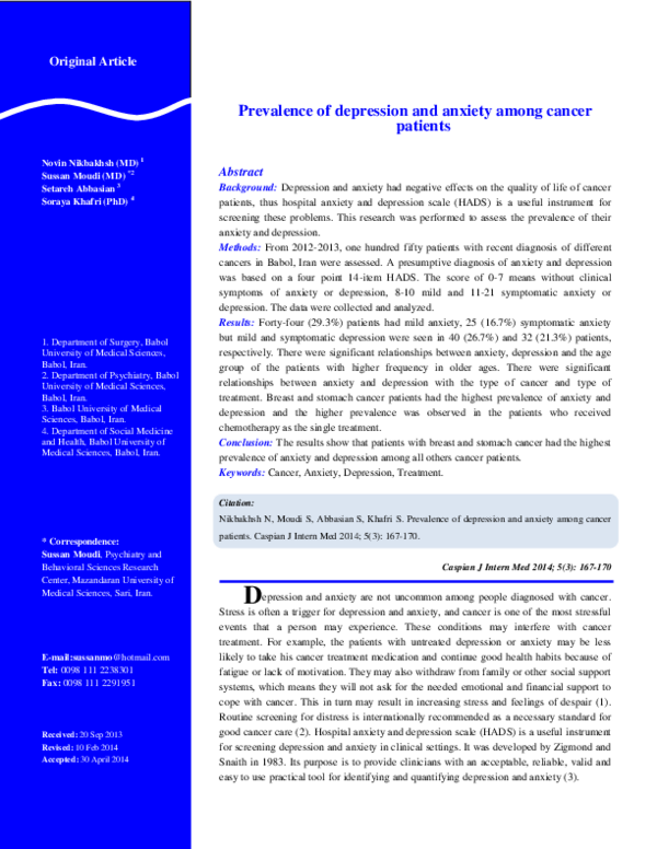 (PDF) Prevalence of depression and anxiety among cancer patients