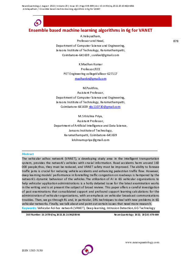 (PDF) Ensemble based machine learning algorithms in 6g for VANET