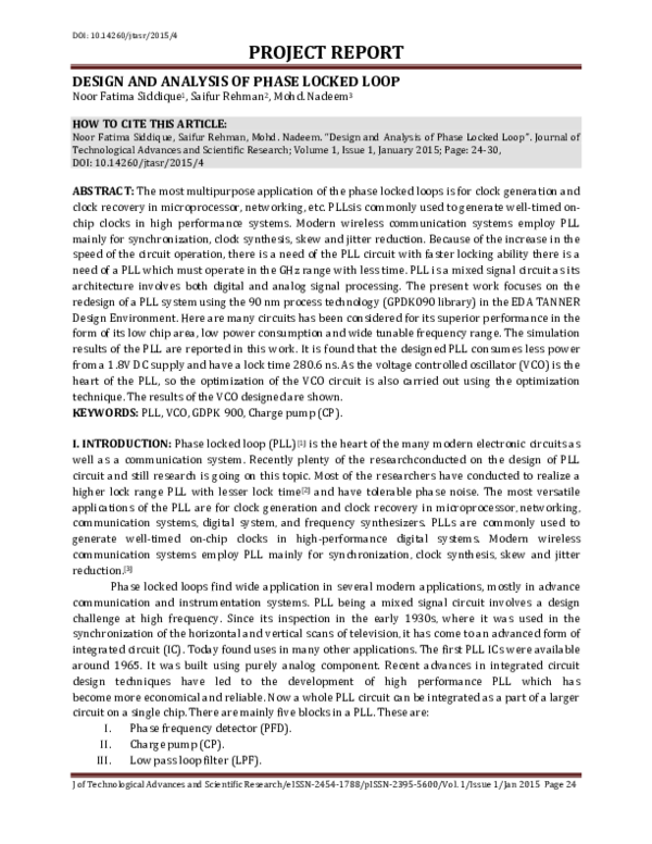 (PDF) Design and Analysis of Phase Locked Loop