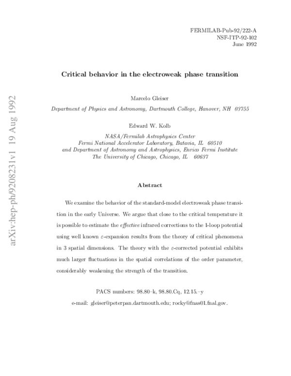 (PDF) Critical behavior in the electroweak phase transition | Marcelo ...