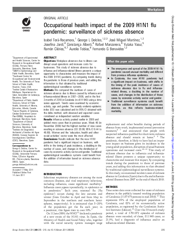 (PDF) Occupational health impact of the 2009 H1N1 flu pandemic ...