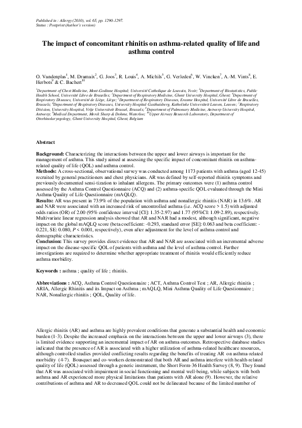 (PDF) The impact of concomitant rhinitis on asthma-related quality of ...