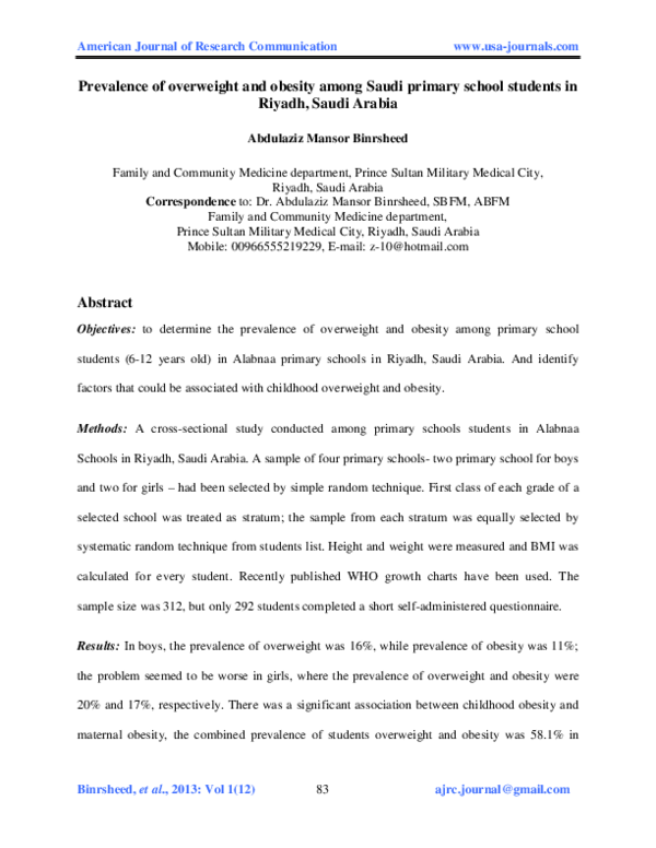 (PDF) Prevalence of overweight and obesity among Saudi primary school ...