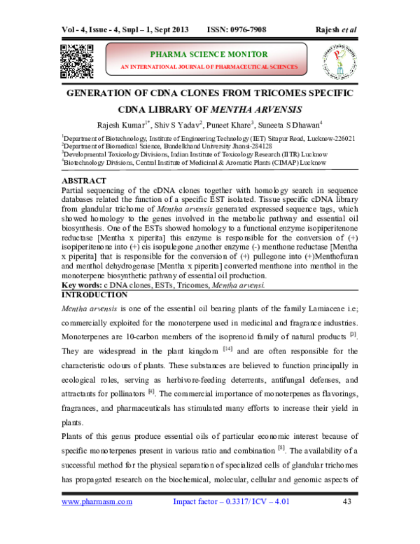 (PDF) Generation of Cdna Clones from Tricomes Specific Cdna Library of ...