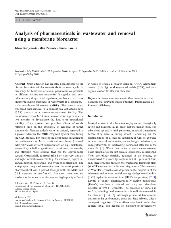 (PDF) Analysis of pharmaceuticals in wastewater and removal using a ...