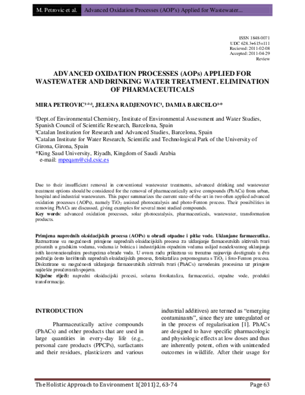 (PDF) ADVANCED OXIDATION PROCESSES (AOPs) APPLIED FOR WASTEWATER AND ...