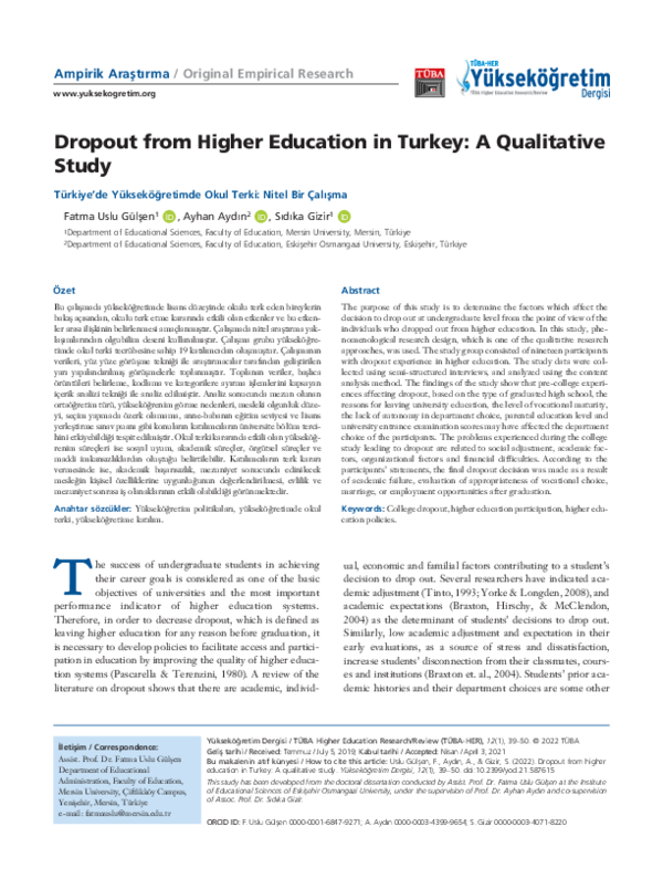 (PDF) Dropout from Higher Education in Turkey: A Qualitative Study