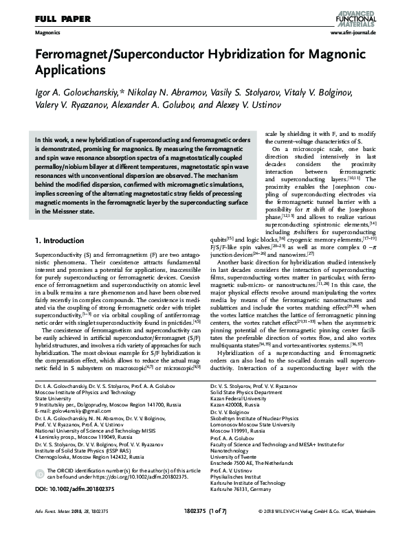 (PDF) Ferromagnet/Superconductor Hybridization for Magnonic Applications