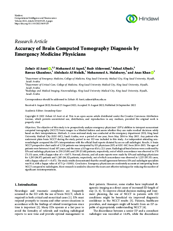 (PDF) Accuracy of Brain Computed Tomography Diagnosis by Emergency ...