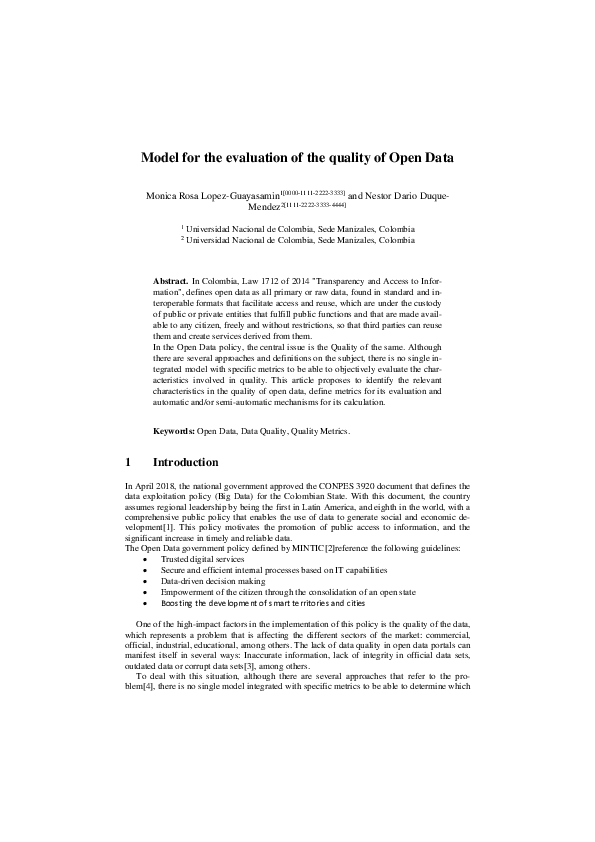 (PDF) Model for the evaluation of the quality of Open Data