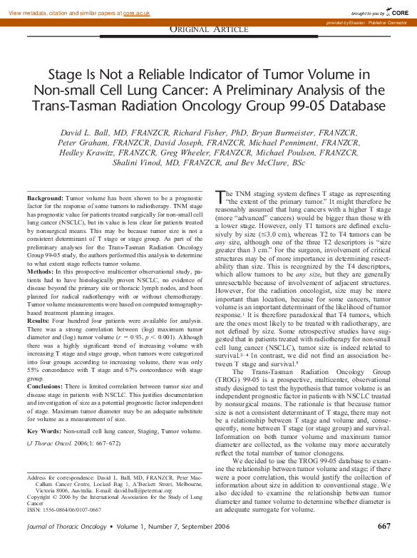 (PDF) Stage Is Not a Reliable Indicator of Tumor Volume in Non-small ...