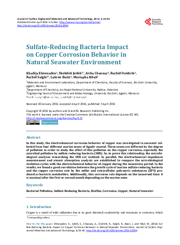 (PDF) SulfateReducing Bacteria Impact on Copper Corrosion Behavior in Natural Seawater