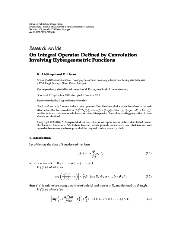 (PDF) On Integral Operator Defined by Convolution Involving ...