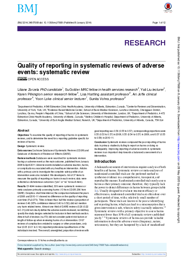 (PDF) Quality of reporting in systematic reviews of adverse events ...