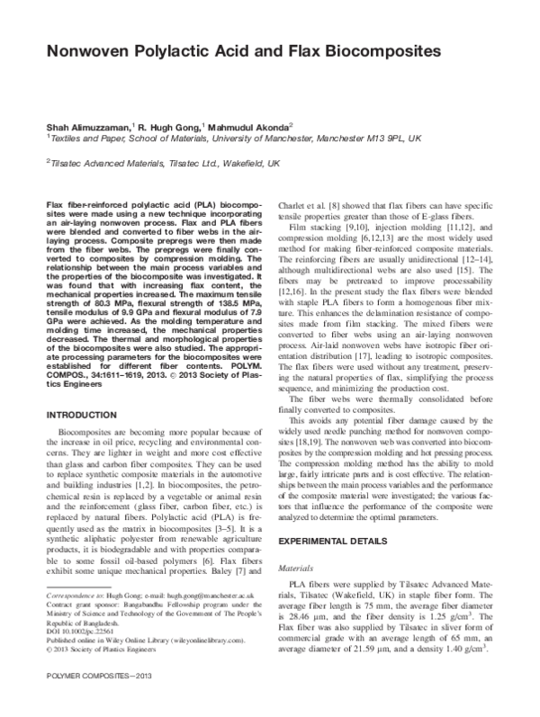 (PDF) Nonwoven polylactic acid and flax biocomposites