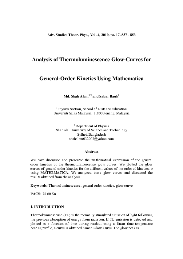 (PDF) Analysis of Thermoluminescence Glow-Curves for General-Order ...