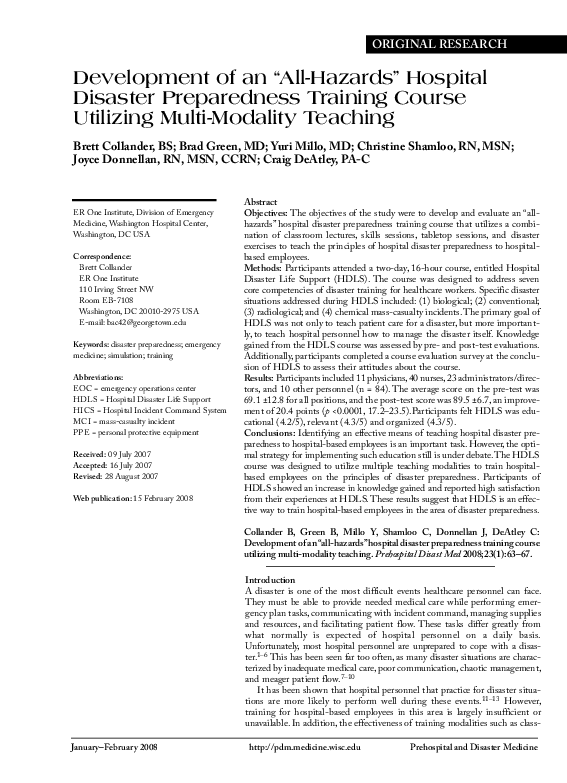 (PDF) Development of an “All-Hazards” Hospital Disaster Preparedness ...