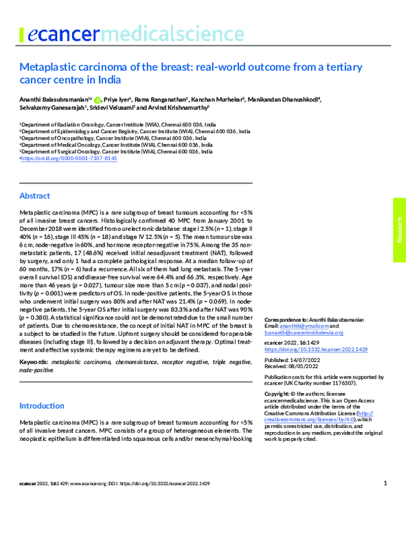 (PDF) Metaplastic carcinoma of the breast: real-world outcome from a ...