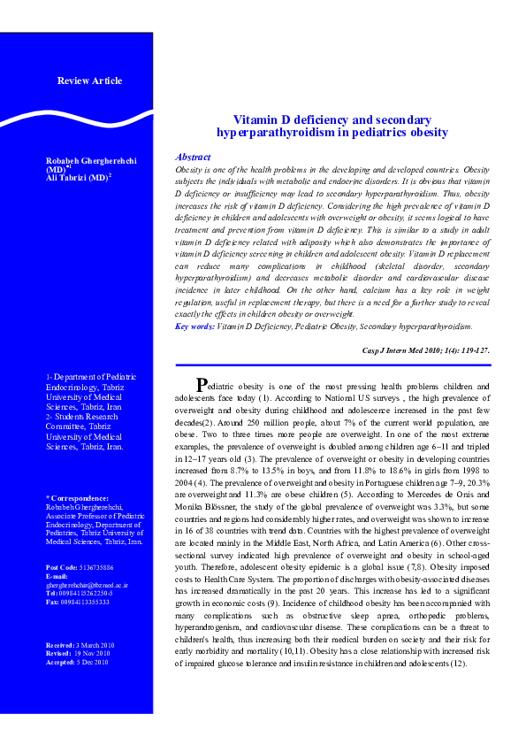 (PDF) Vitamin D deficiency and secondary hyperparathyroidism in pediatrics obesity Caspian