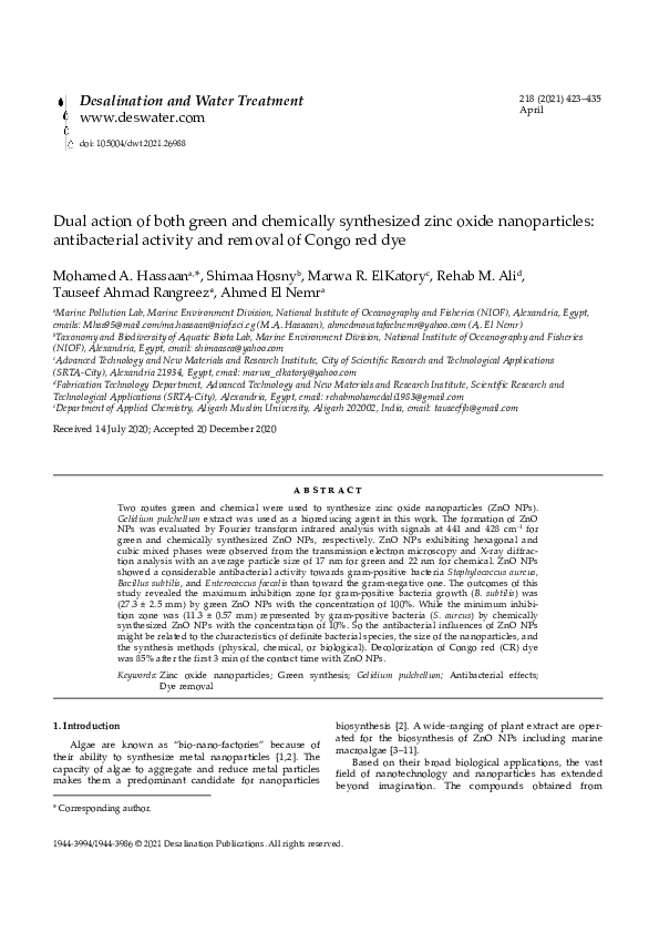 (PDF) Dual action of both green and chemically synthesized zinc oxide ...