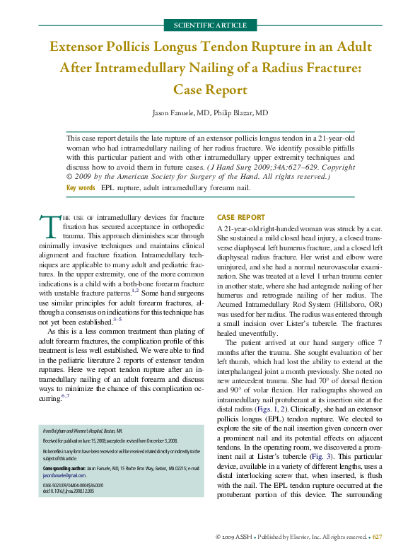 (PDF) Extensor Pollicis Longus Tendon Rupture in an Adult After ...