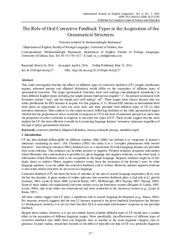 (PDF) The Role of Oral Corrective Feedback Types in the Acquisition of ...