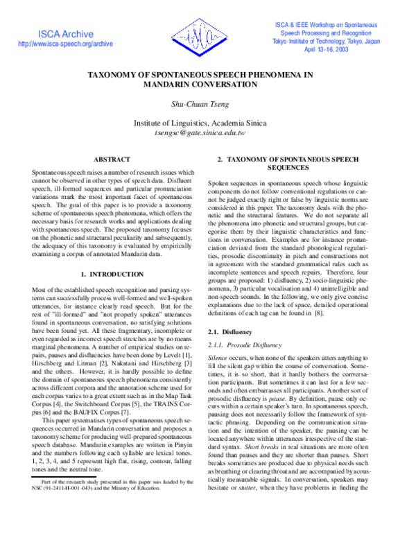 (PDF) Taxonomy of spontaneous speech phenomena in Mandarin conversation