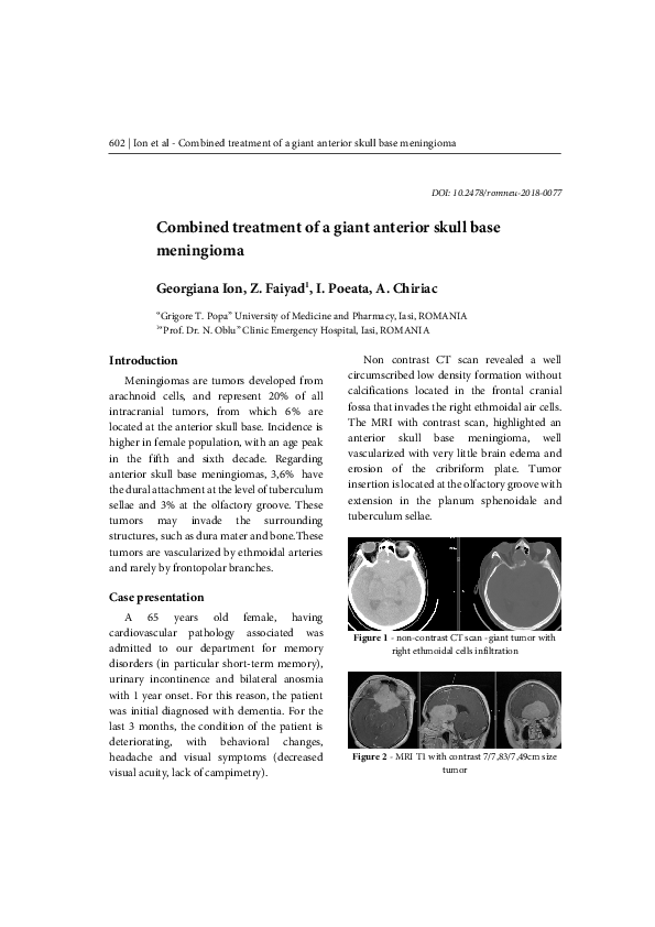 (PDF) Combined treatment of a giant anterior skull base meningioma