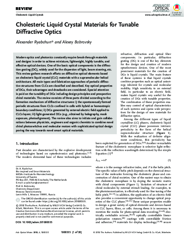 (PDF) Cholesteric Liquid Crystal Materials for Tunable Diffractive Optics