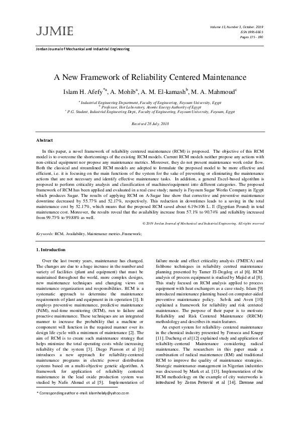 (PDF) A New Framework of Reliability Centered Maintenance