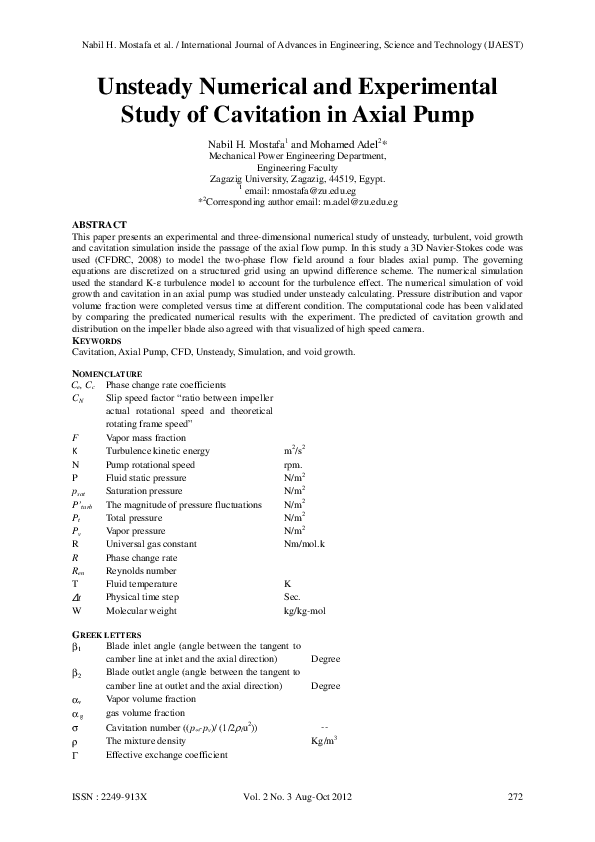 (PDF) Unsteady Numerical and Experimental Study of Cavitation in Axial Pump