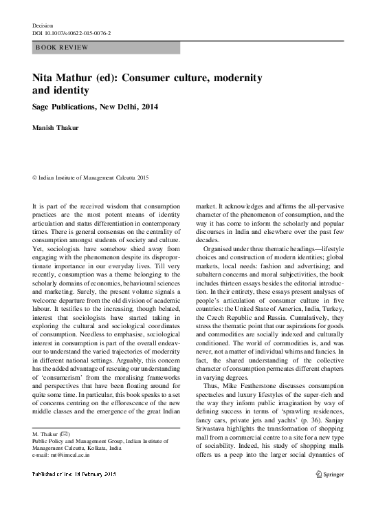 (PDF) Nita Mathur (ed): Consumer culture, modernity and identity