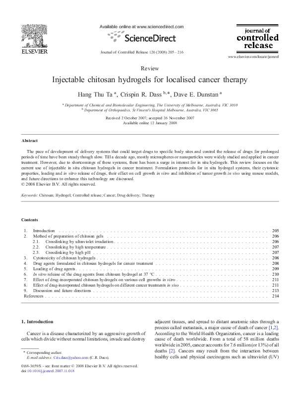 (PDF) Injectable chitosan hydrogels for localised cancer therapy