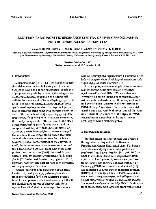 (PDF) Electron paramagnetic resonance spectra of myeloperoxidase in ...