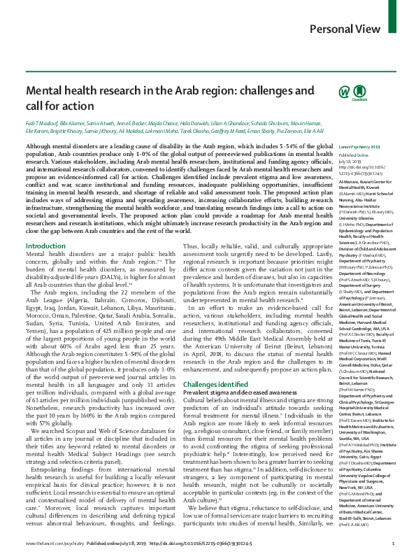 (PDF) Mental health research in the Arab region: challenges and call ...