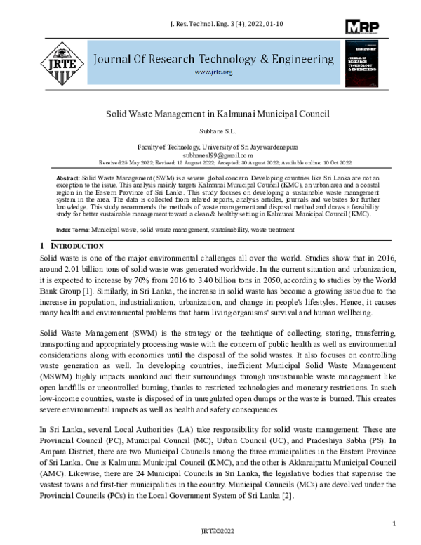 (PDF) Solid Waste Management in Kalmunai Municipal Council