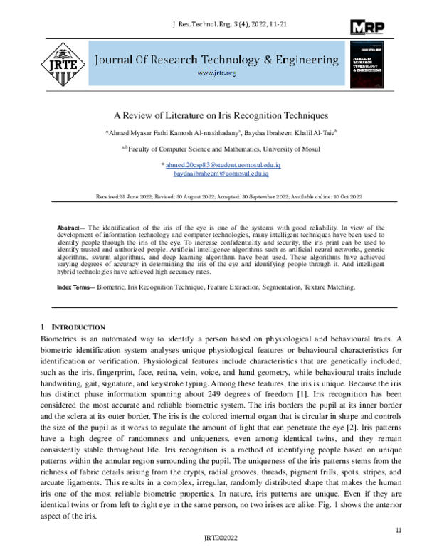 (PDF) A Review of Literature on Iris Recognition Techniques