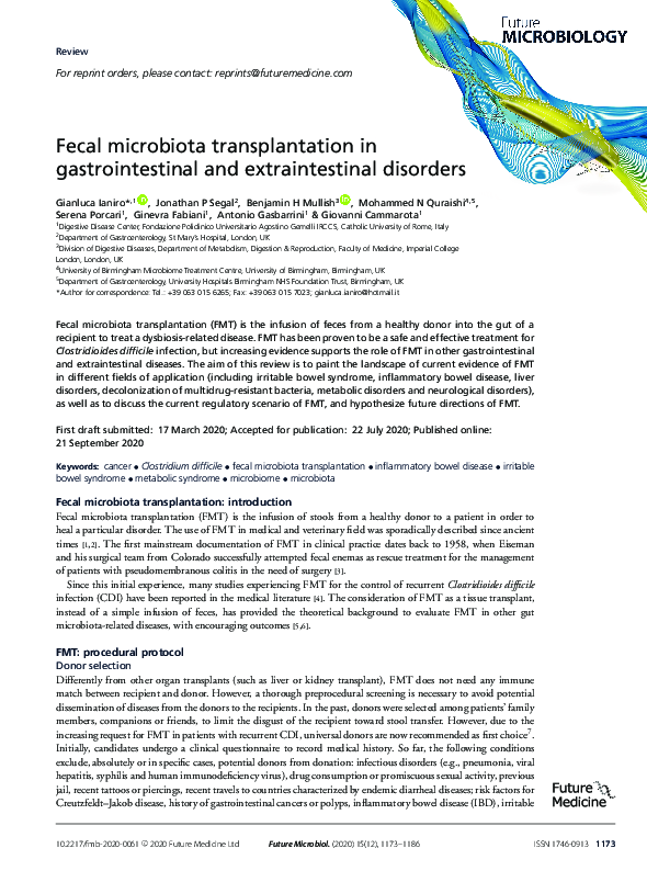 (PDF) Fecal microbiota transplantation in gastrointestinal disease ...