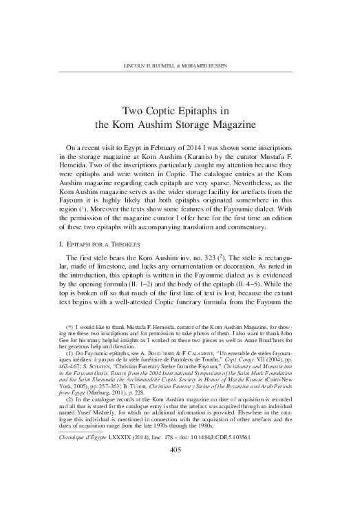(PDF) Two Coptic Epitaphs in the Kom Aushim Storage Magazine