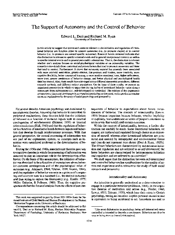 (PDF) The support of autonomy and the control of behavior