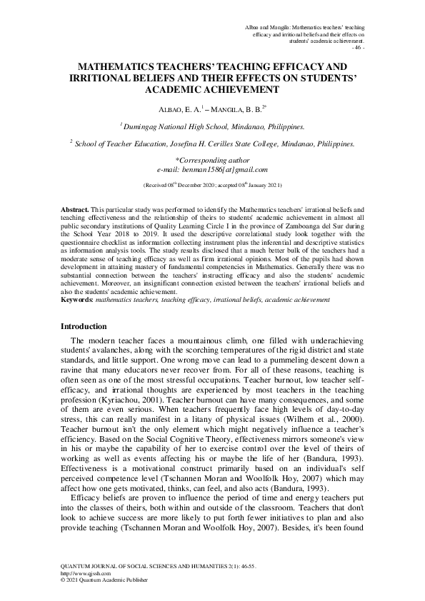 (PDF) Mathematics Teachers’ Teaching Efficacy and Irritional Beliefs ...