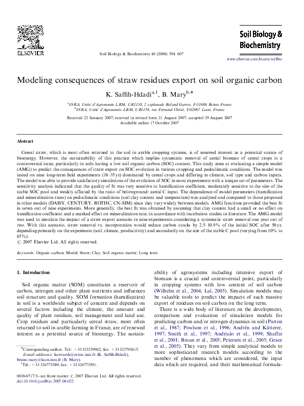 (PDF) Modeling consequences of straw residues export on soil organic carbon