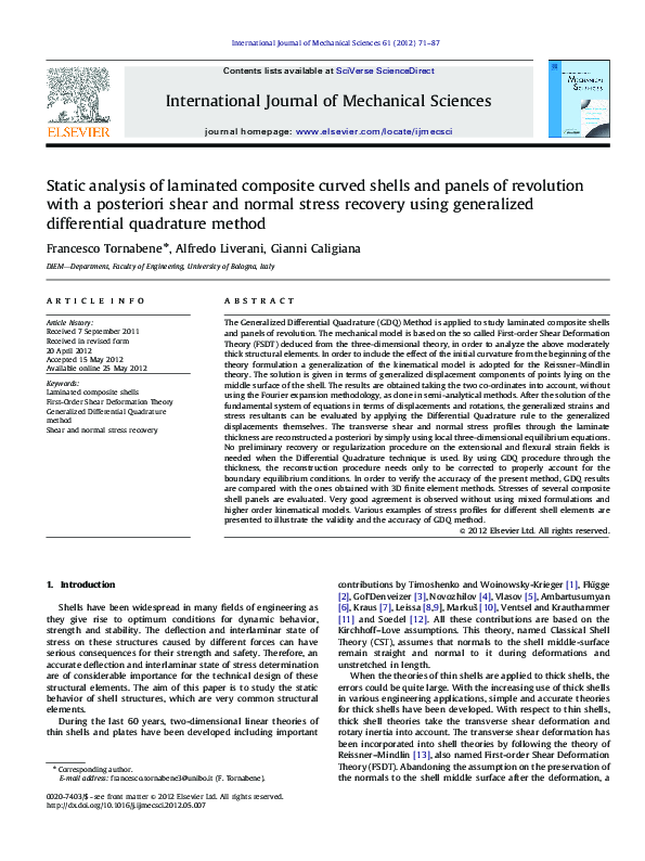 (PDF) Static analysis of laminated composite curved shells and panels