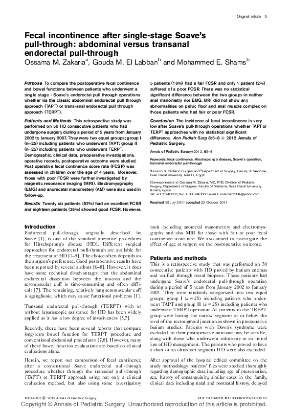 (PDF) Fecal incontinence after single-stage Soave’s pull-through