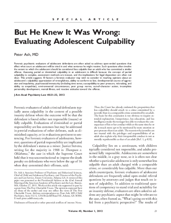 (PDF) But he knew it was wrong: evaluating adolescent culpability