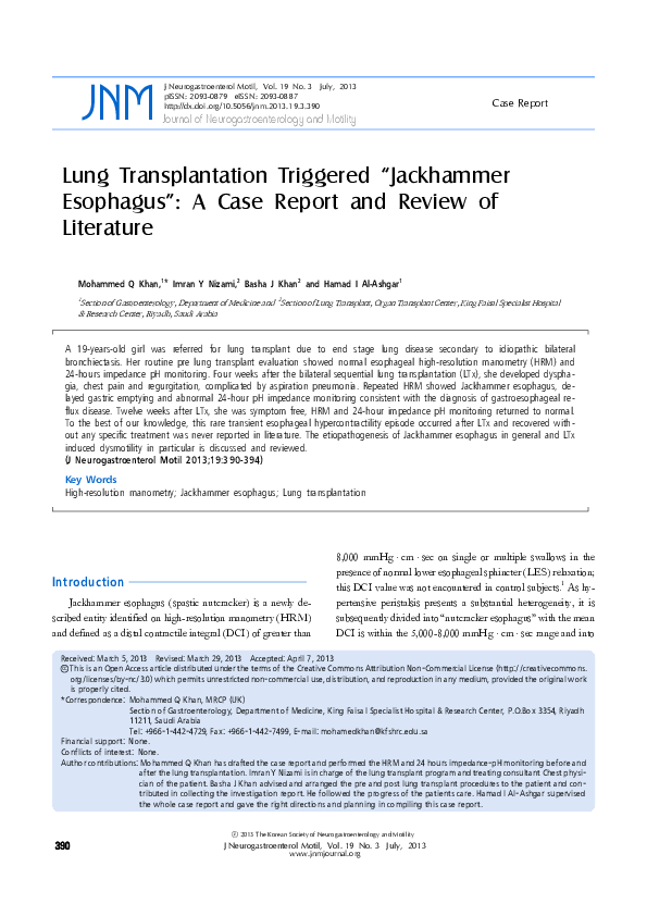 (PDF) Lung transplantation triggered "jackhammer esophagus" a case