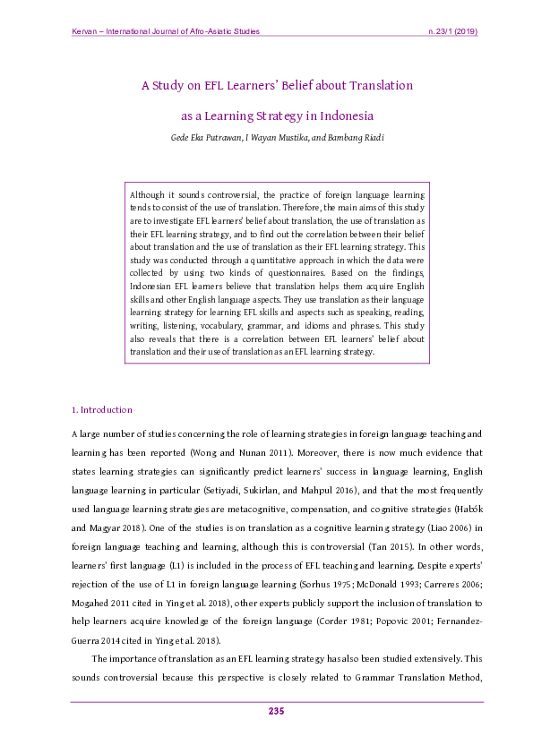 (PDF) A Study on EFL Learners’ Belief about Translation as a Learning ...