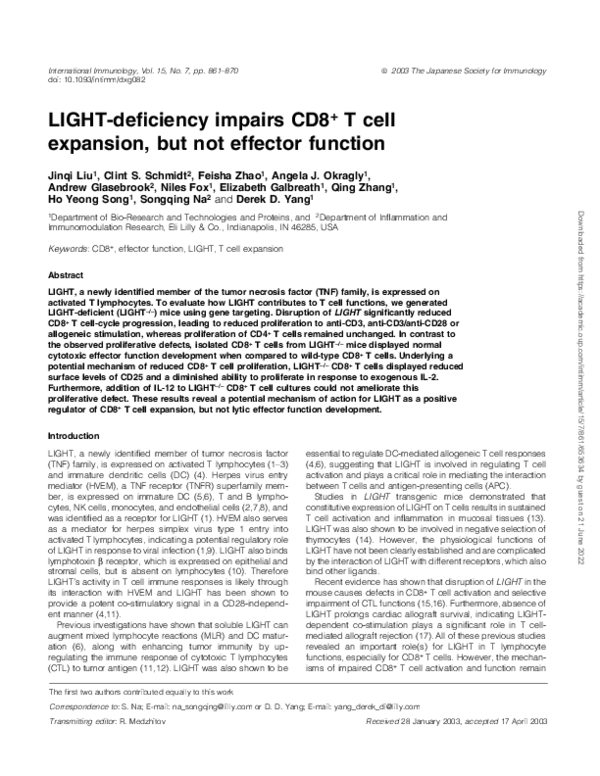 (PDF) LIGHT‐deficiency impairs CD8+ T cell expansion, but not effector ...