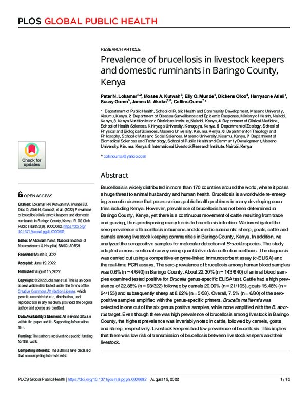 (PDF) Prevalence of brucellosis in livestock keepers and domestic ...